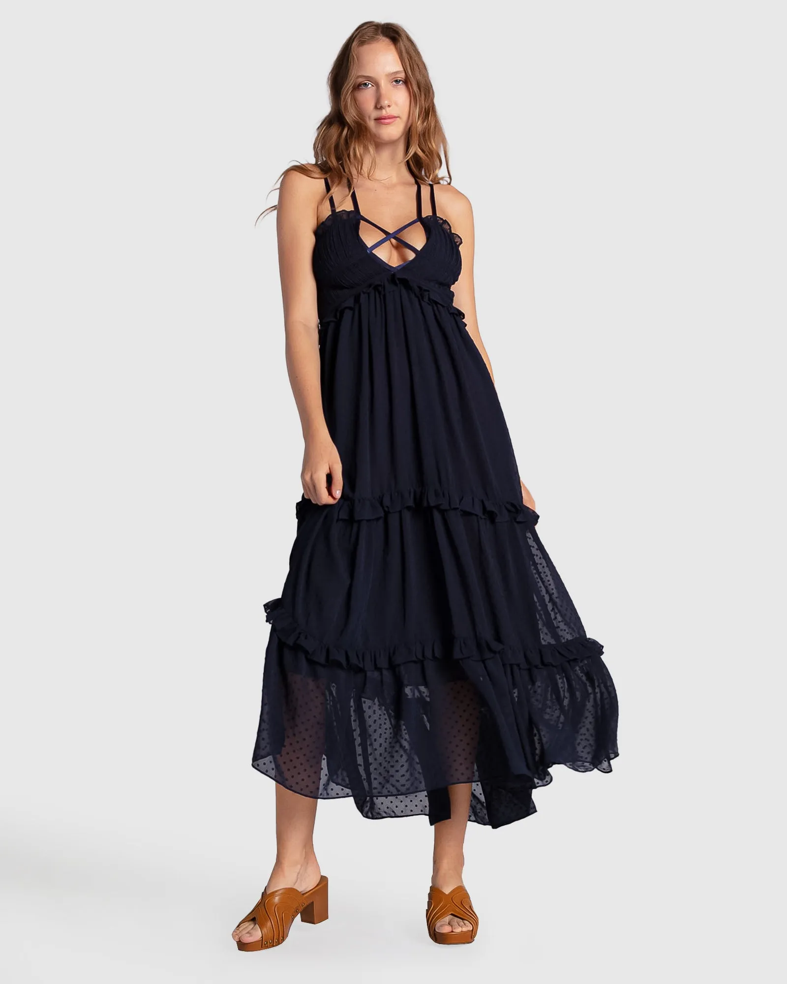 As It Was Tiered Midi Dress - Navy