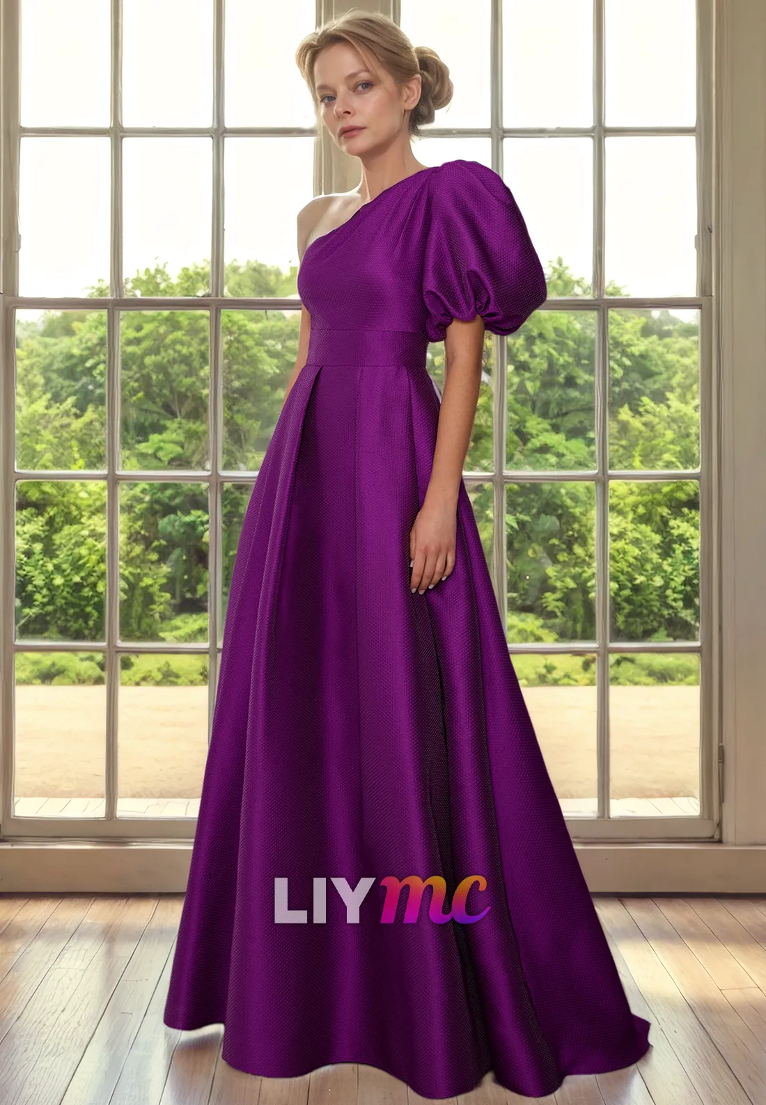 Asymmetrical Puff Sleeves Pleated A-Line Mother of Bride Dress Cocktail Dress