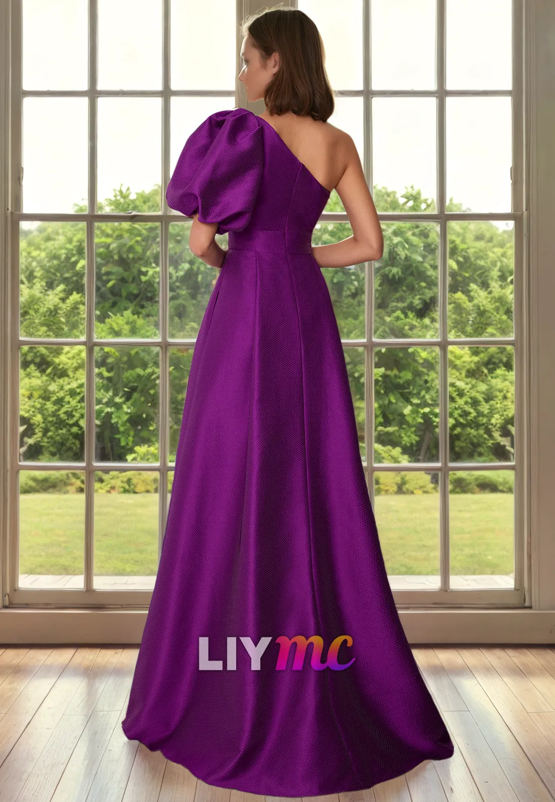 Asymmetrical Puff Sleeves Pleated A-Line Mother of Bride Dress Cocktail Dress