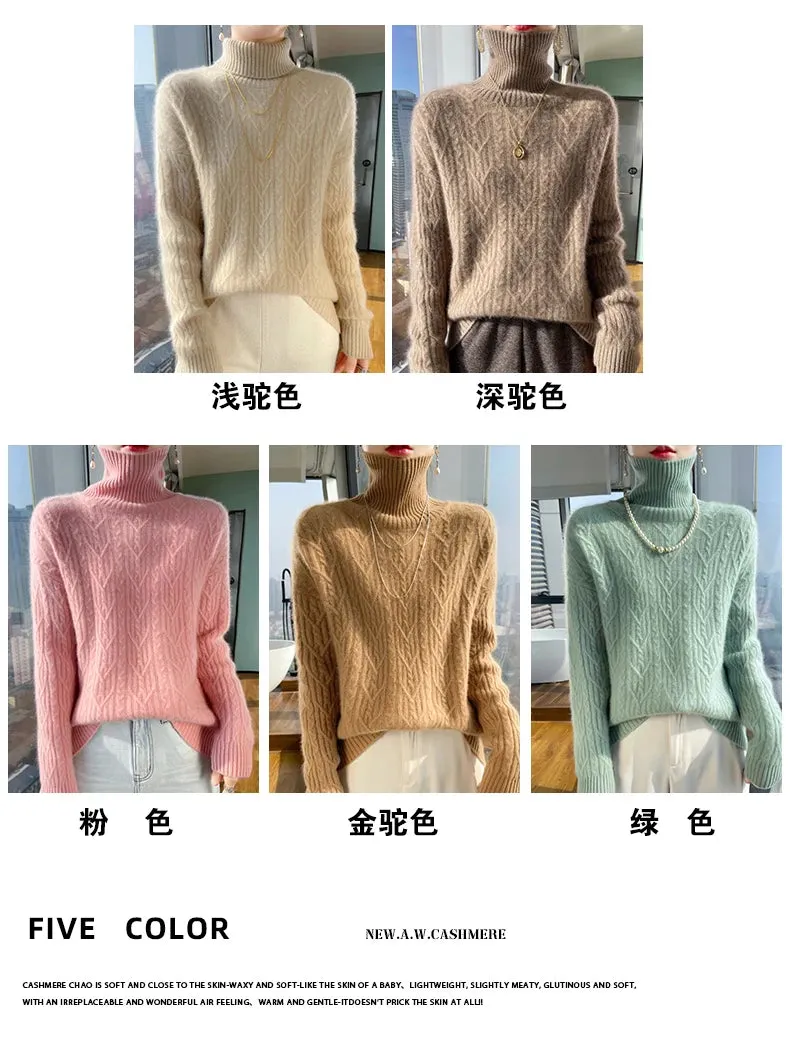 Autumn and winter new 100% merino wool cashmere sweater women's turtleneck solid color slim thickened fashion knit bottoming top