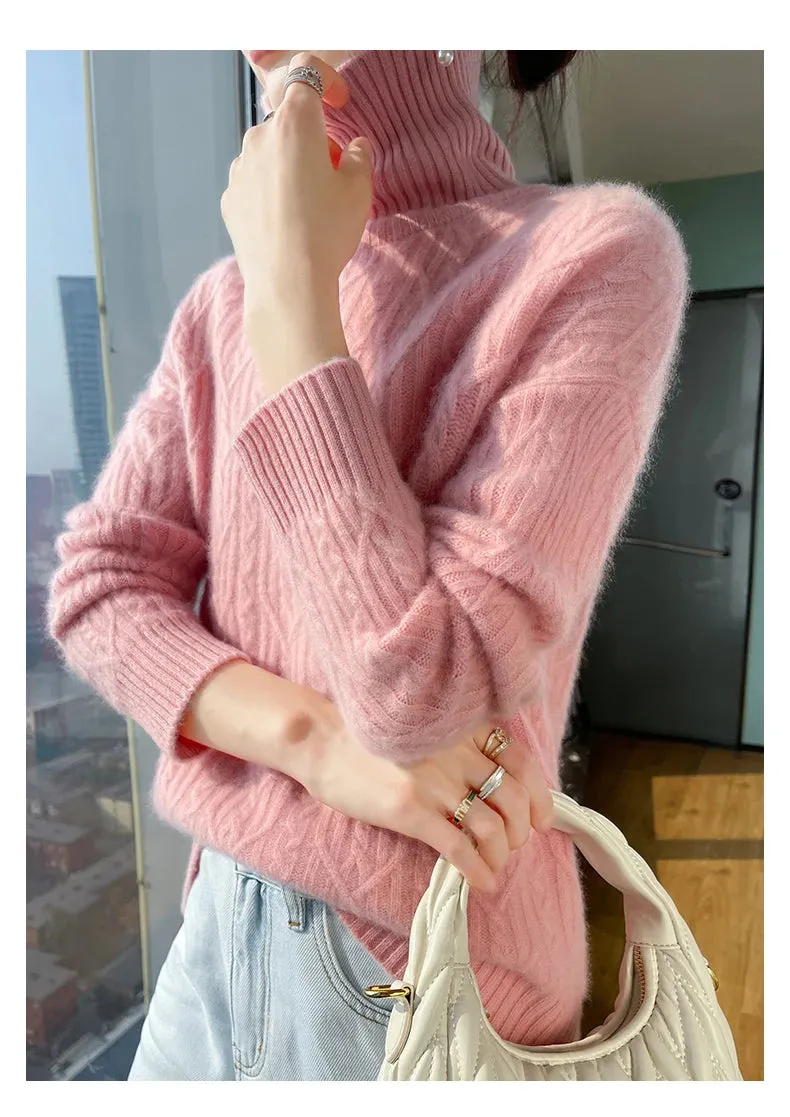 Autumn and winter new 100% merino wool cashmere sweater women's turtleneck solid color slim thickened fashion knit bottoming top