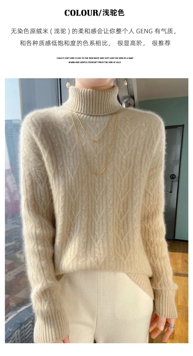 Autumn and winter new 100% merino wool cashmere sweater women's turtleneck solid color slim thickened fashion knit bottoming top