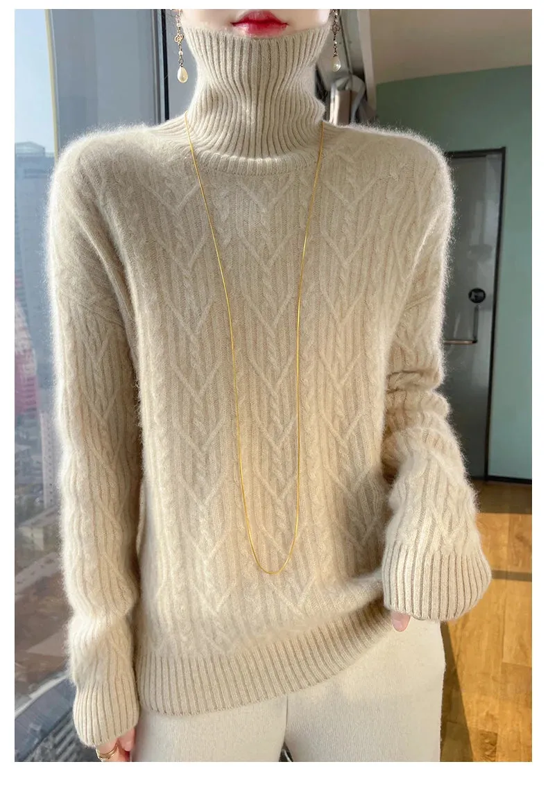 Autumn and winter new 100% merino wool cashmere sweater women's turtleneck solid color slim thickened fashion knit bottoming top