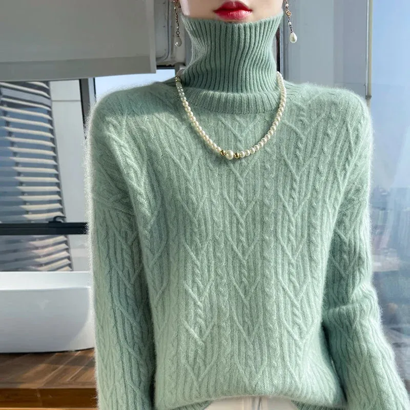 Autumn and winter new 100% merino wool cashmere sweater women's turtleneck solid color slim thickened fashion knit bottoming top