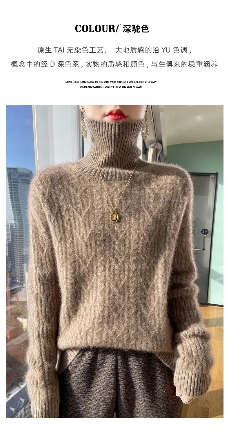 Autumn and winter new 100% merino wool cashmere sweater women's turtleneck solid color slim thickened fashion knit bottoming top