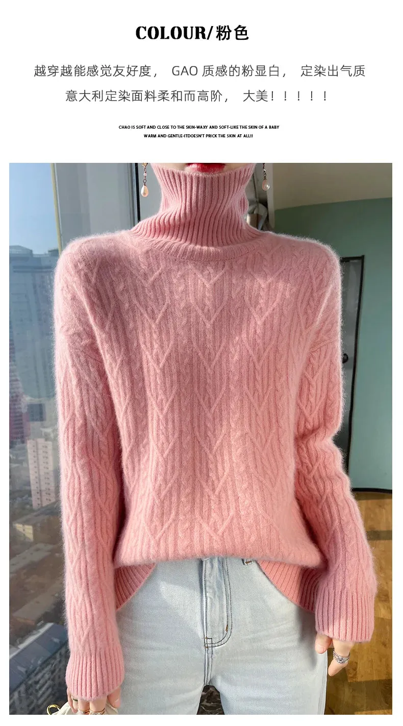 Autumn and winter new 100% merino wool cashmere sweater women's turtleneck solid color slim thickened fashion knit bottoming top