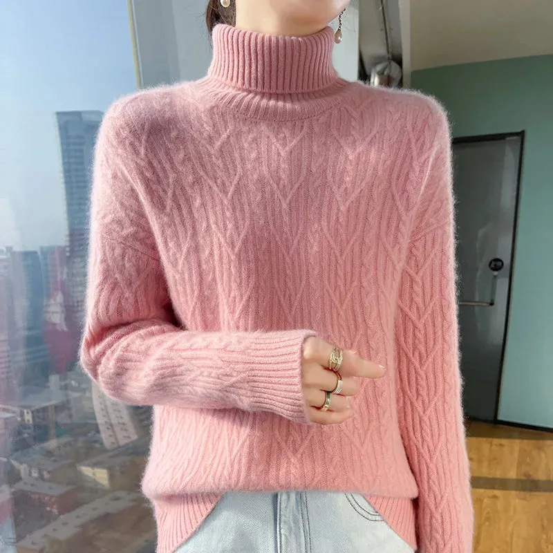 Autumn and winter new 100% merino wool cashmere sweater women's turtleneck solid color slim thickened fashion knit bottoming top