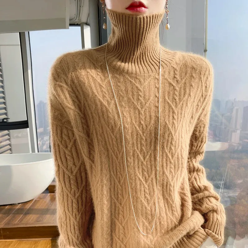 Autumn and winter new 100% merino wool cashmere sweater women's turtleneck solid color slim thickened fashion knit bottoming top