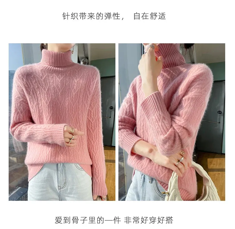 Autumn and winter new 100% merino wool cashmere sweater women's turtleneck solid color slim thickened fashion knit bottoming top