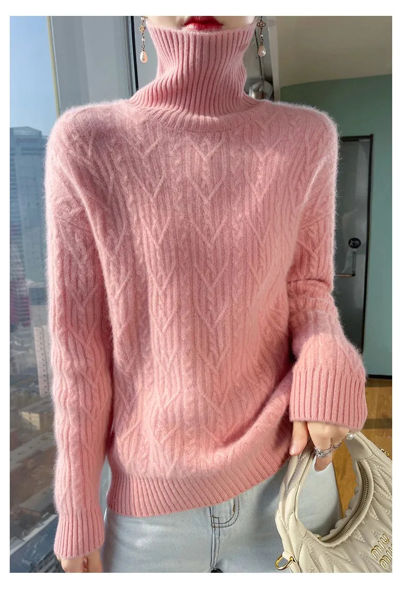 Autumn and winter new 100% merino wool cashmere sweater women's turtleneck solid color slim thickened fashion knit bottoming top