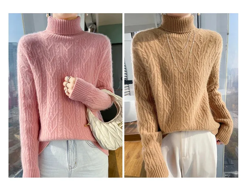 Autumn and winter new 100% merino wool cashmere sweater women's turtleneck solid color slim thickened fashion knit bottoming top