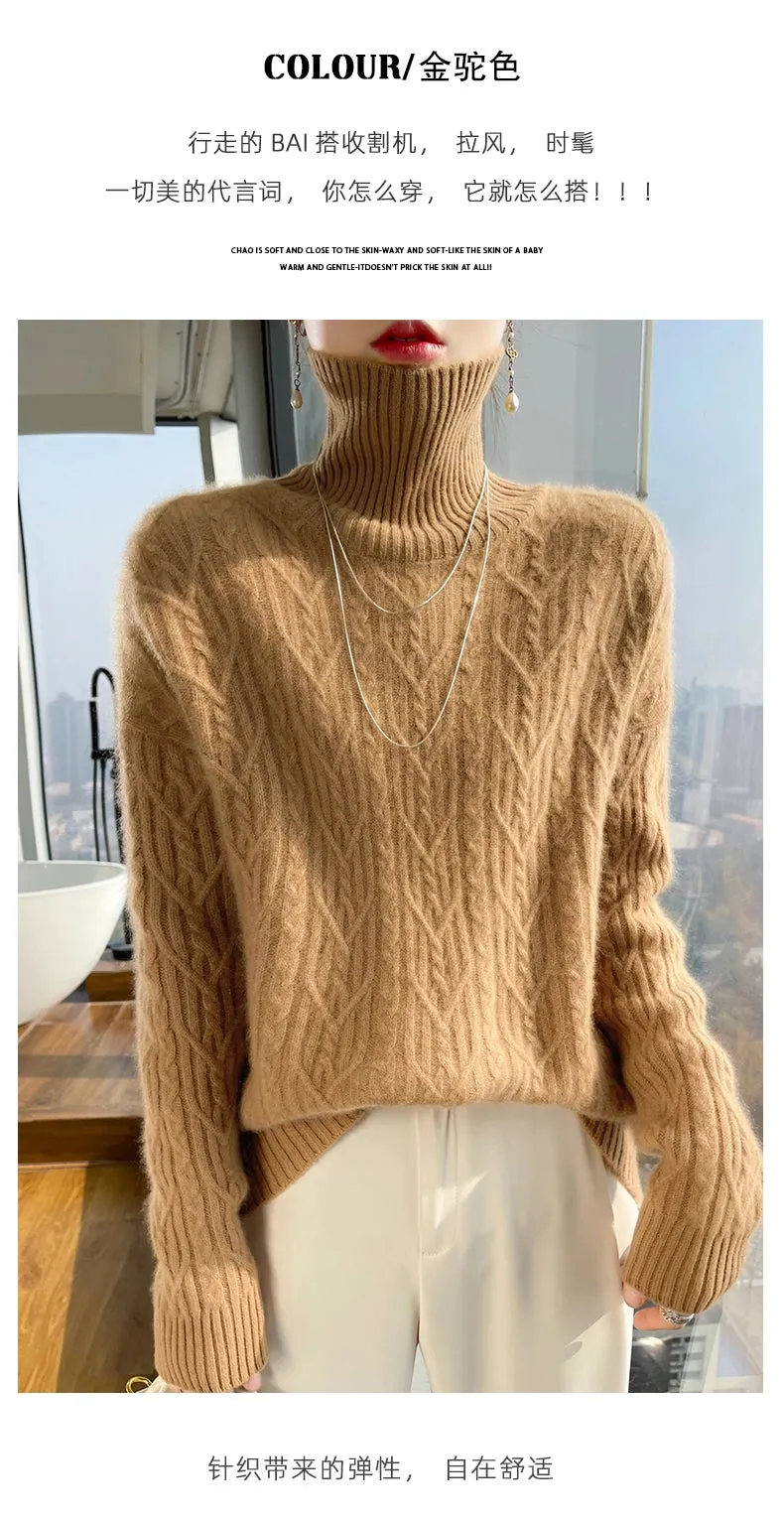 Autumn and winter new 100% merino wool cashmere sweater women's turtleneck solid color slim thickened fashion knit bottoming top