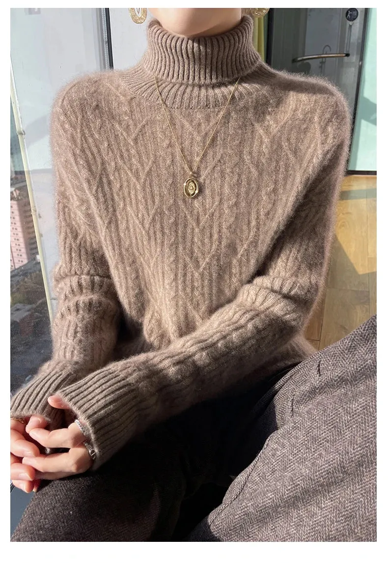 Autumn and winter new 100% merino wool cashmere sweater women's turtleneck solid color slim thickened fashion knit bottoming top