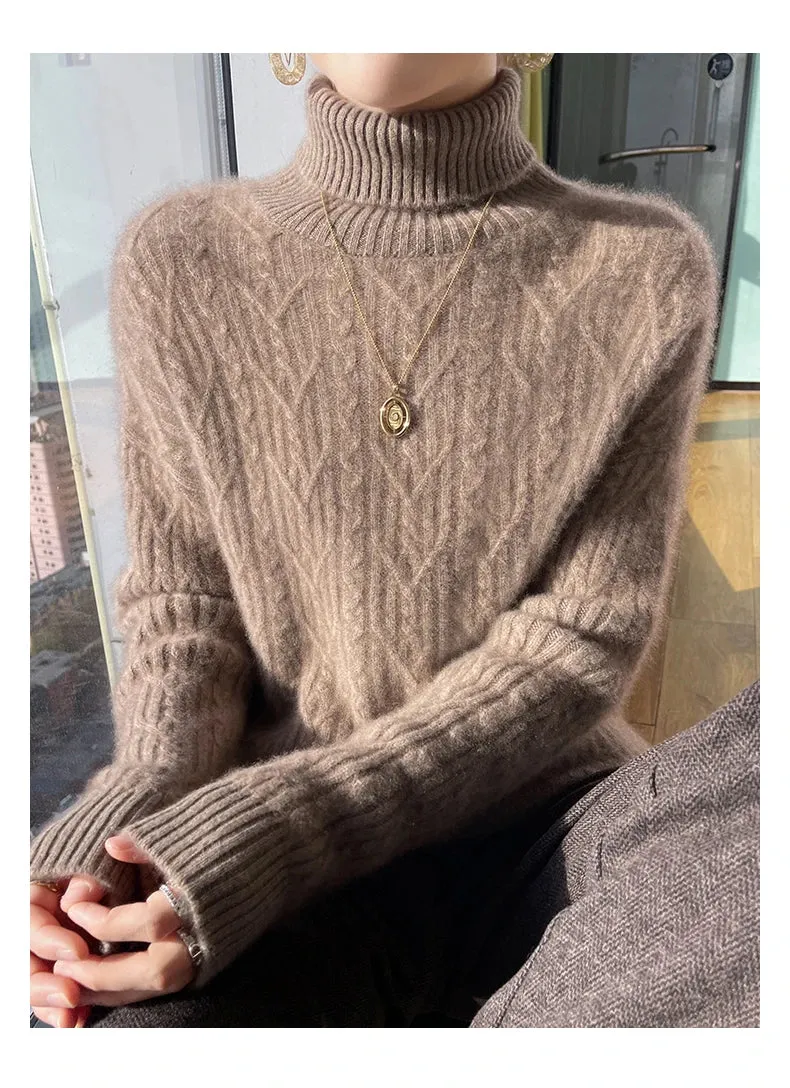 Autumn and winter new 100% merino wool cashmere sweater women's turtleneck solid color slim thickened fashion knit bottoming top