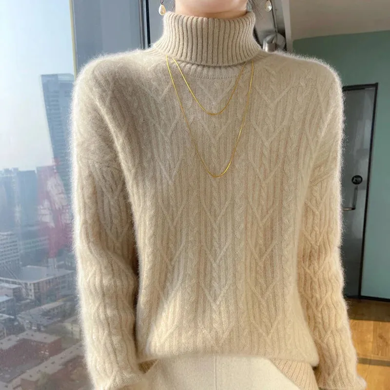 Autumn and winter new 100% merino wool cashmere sweater women's turtleneck solid color slim thickened fashion knit bottoming top