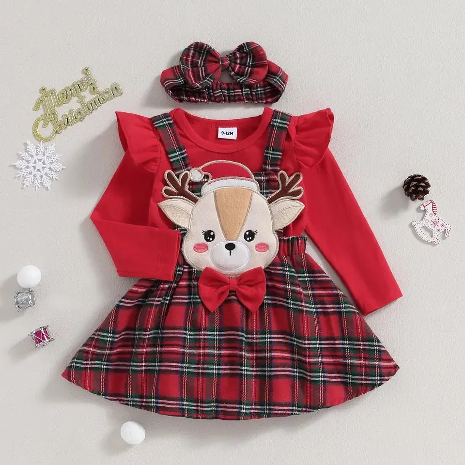 baby 0-18M Christmas Romper Set, Knit Red Romper Deer Plaid Dress With Headband Xmas Outfit