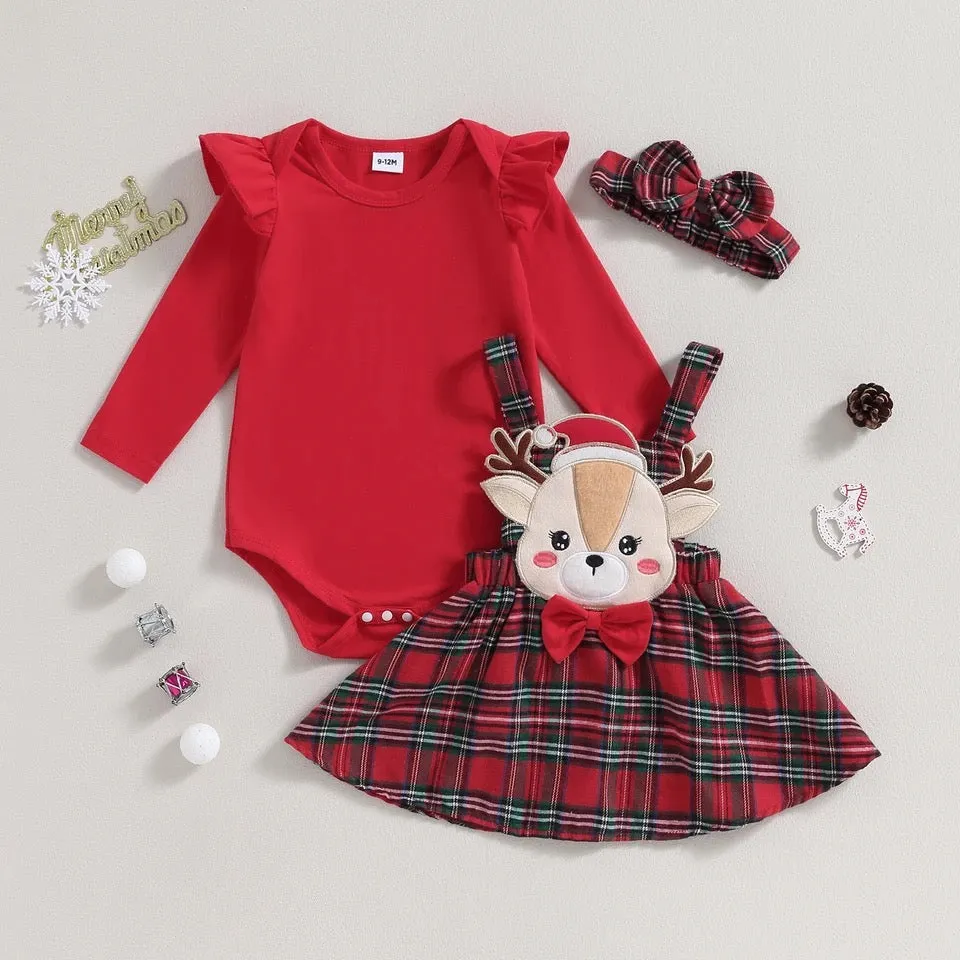 baby 0-18M Christmas Romper Set, Knit Red Romper Deer Plaid Dress With Headband Xmas Outfit