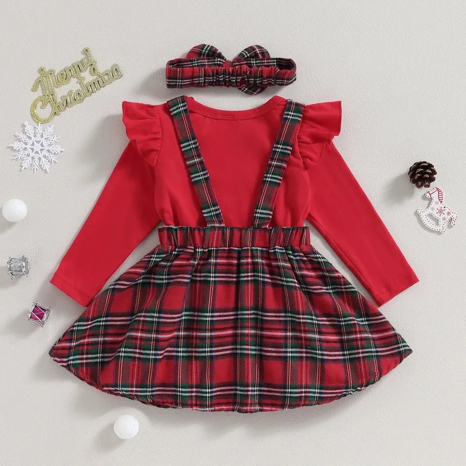 baby 0-18M Christmas Romper Set, Knit Red Romper Deer Plaid Dress With Headband Xmas Outfit