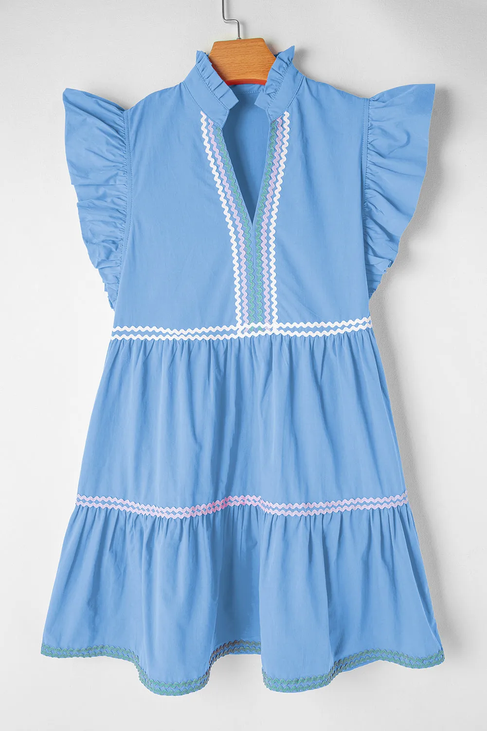 Beau Blue Ric Rac Colorblock Flutter Sleeve V Neck Tiered Dress