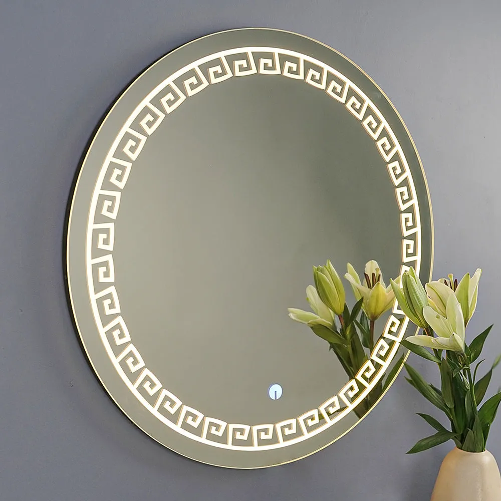 Beautiful Greek Key Motif LED Round Shape Bathroom Mirror