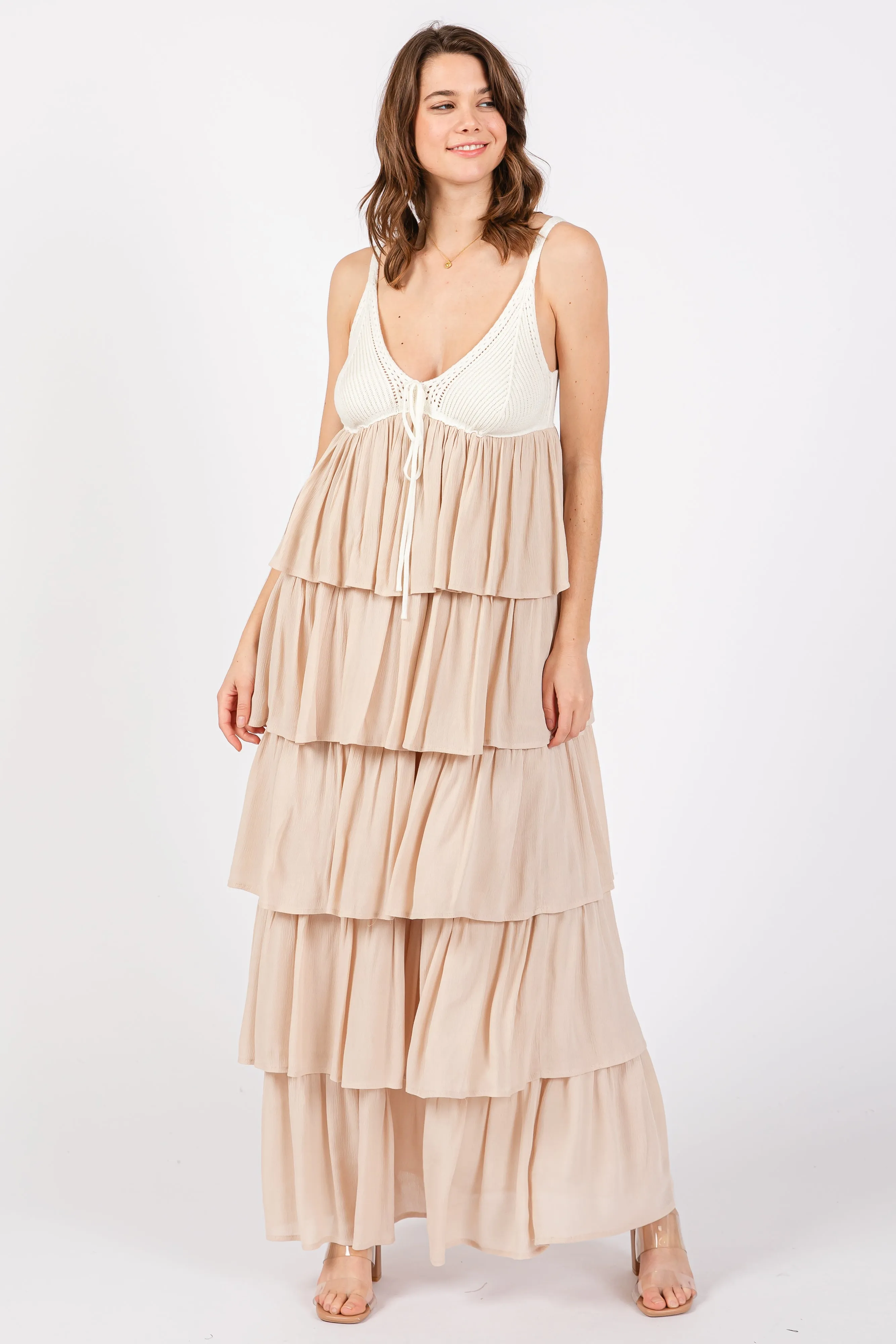 Beige Colorblock Crochet Tiered Maternity Maxi Dress