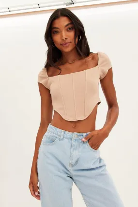 Beige Corset Crop Top Short Sleeve Square Neck