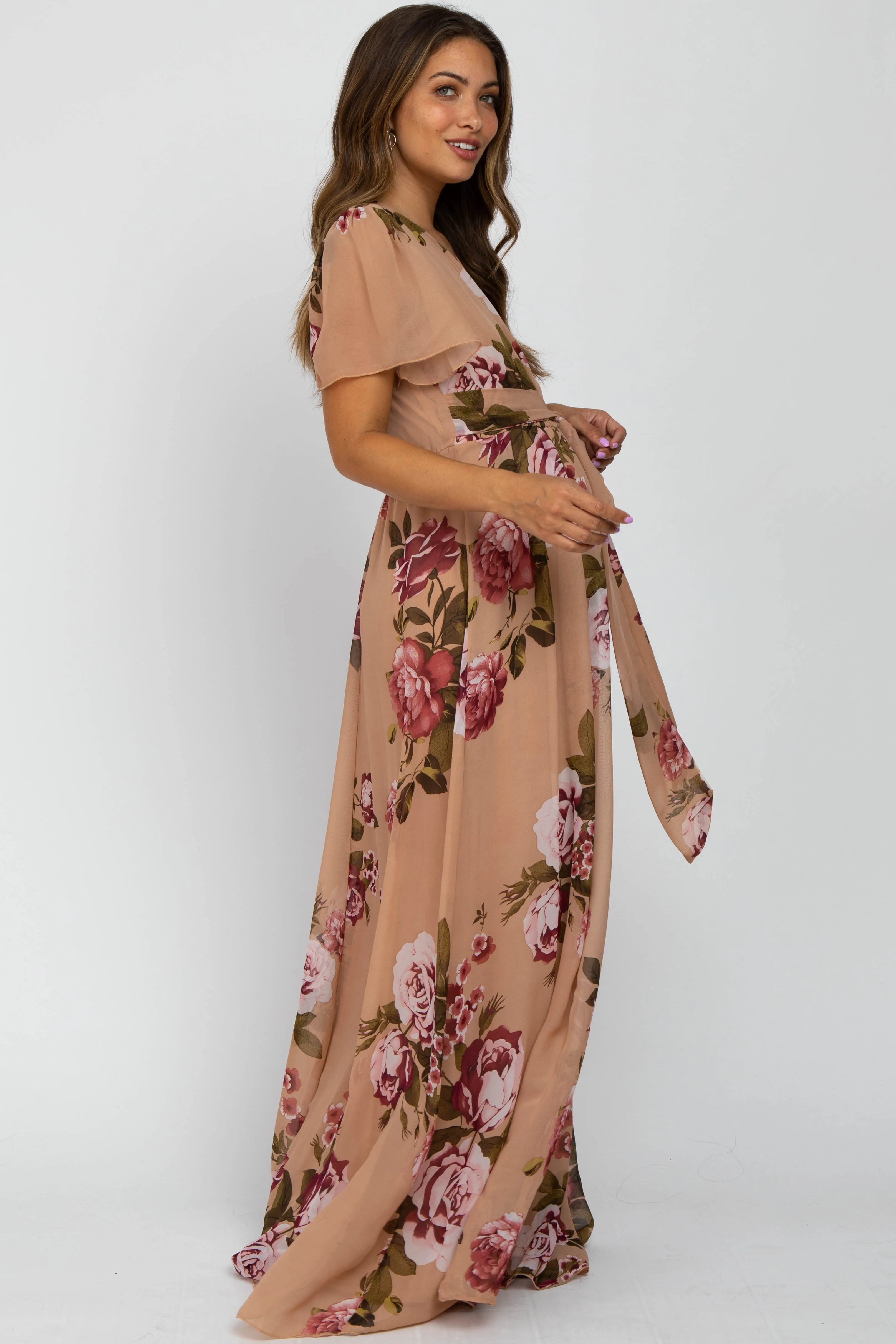 Beige Floral Chiffon Short Sleeve Pleated Maternity Maxi Dress