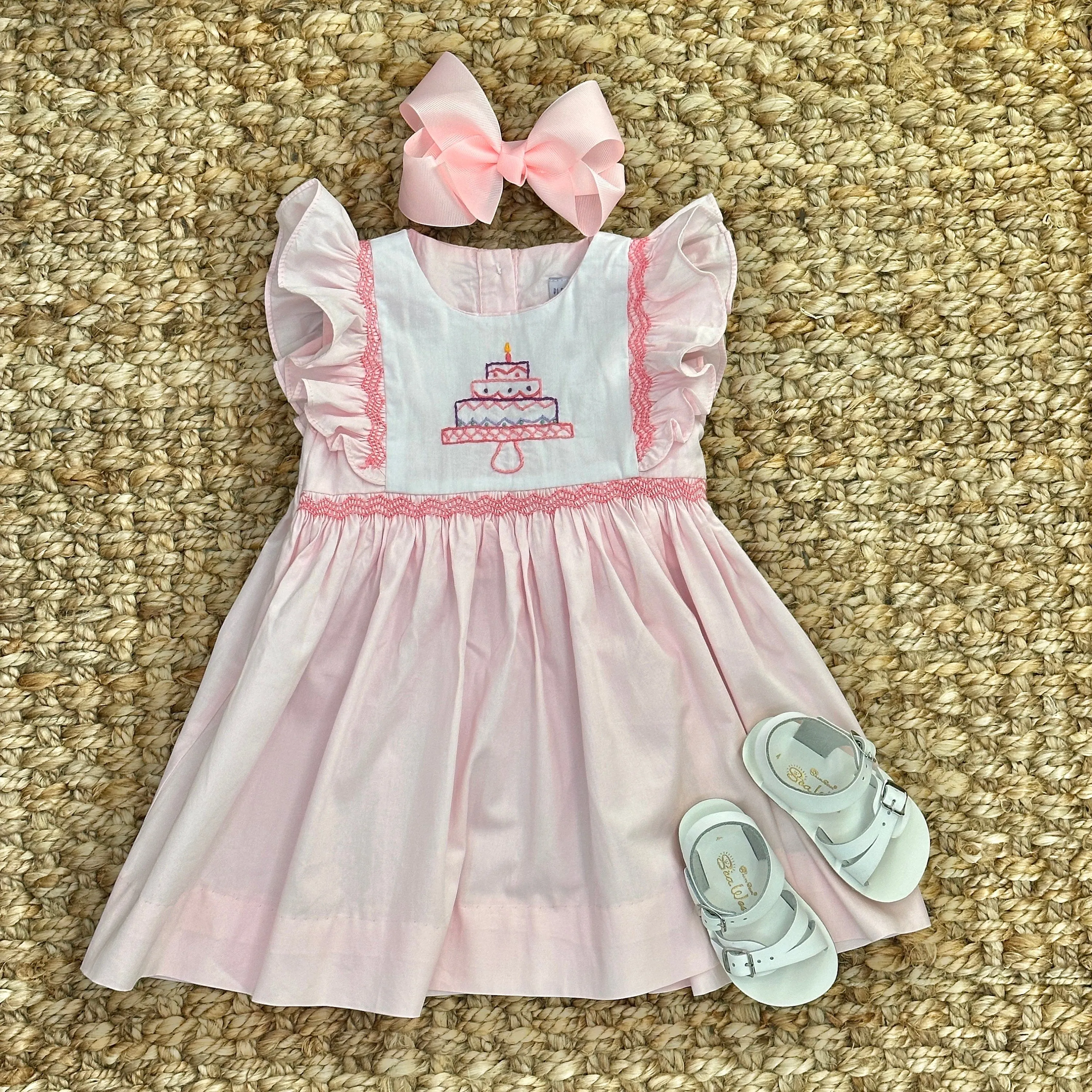 Birthday Smocked Avignon Dress - Embroidered Cake on Pink!