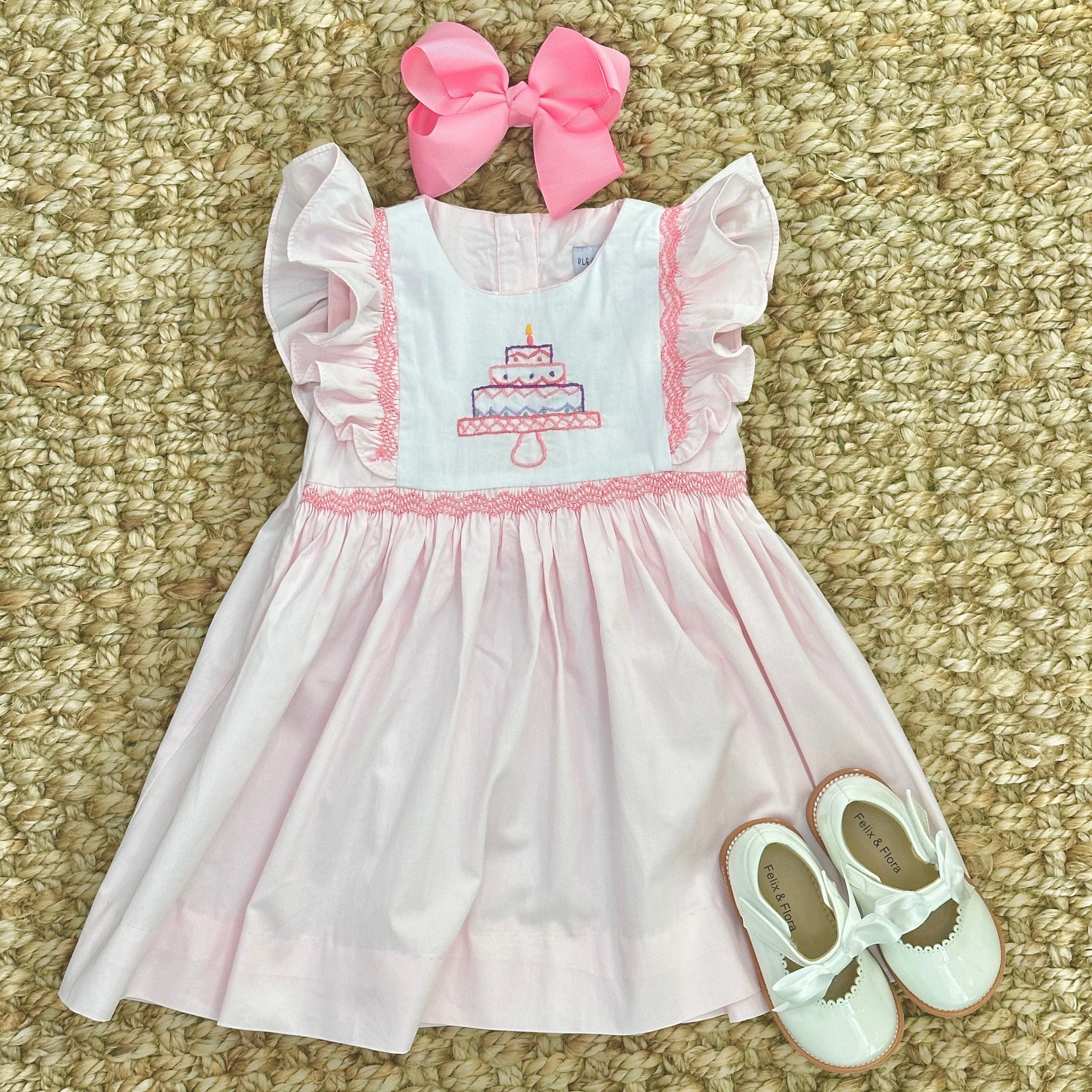 Birthday Smocked Avignon Dress - Embroidered Cake on Pink!