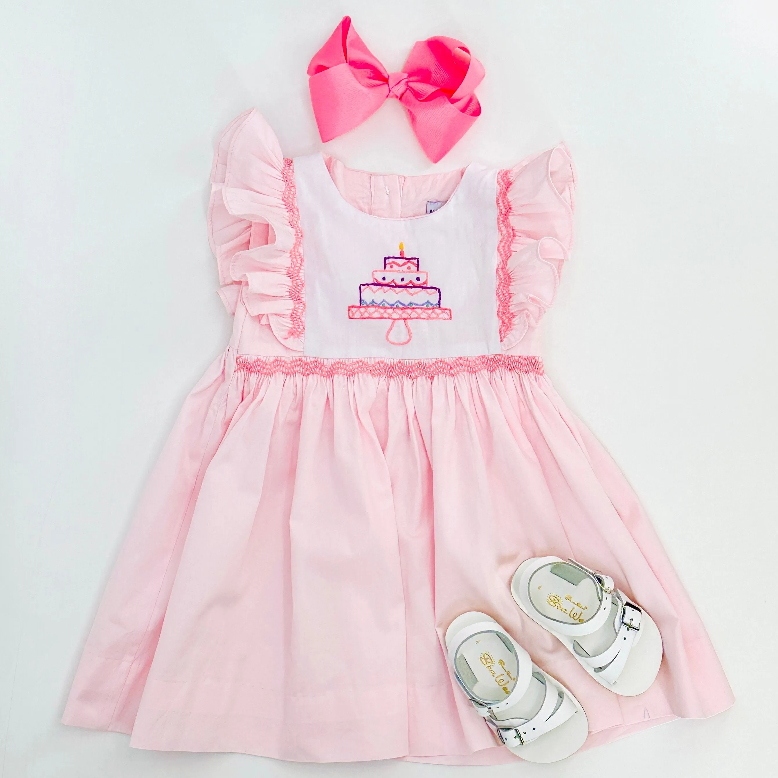 Birthday Smocked Avignon Dress - Embroidered Cake on Pink!