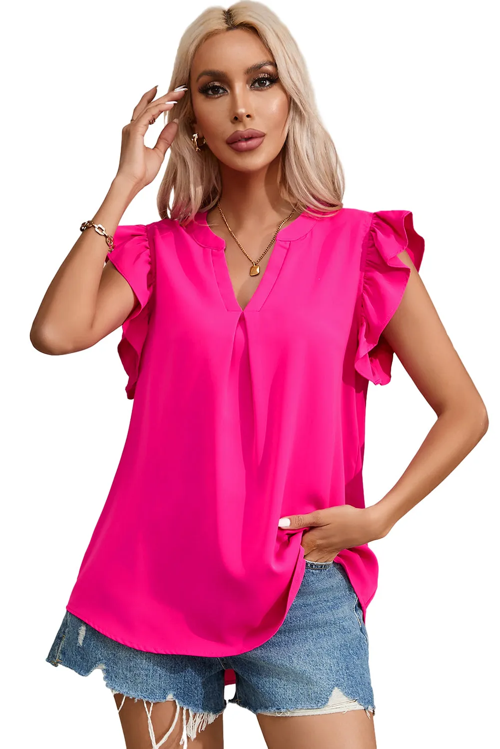 Black Notched Neck Ruffle Sleeve Blouse