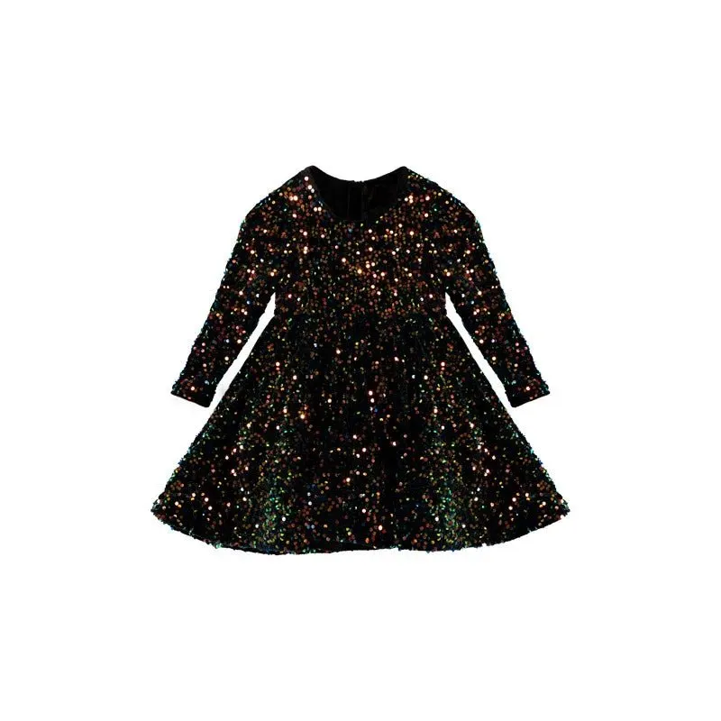 Black Sequin Bow A-Line Dress for Girls