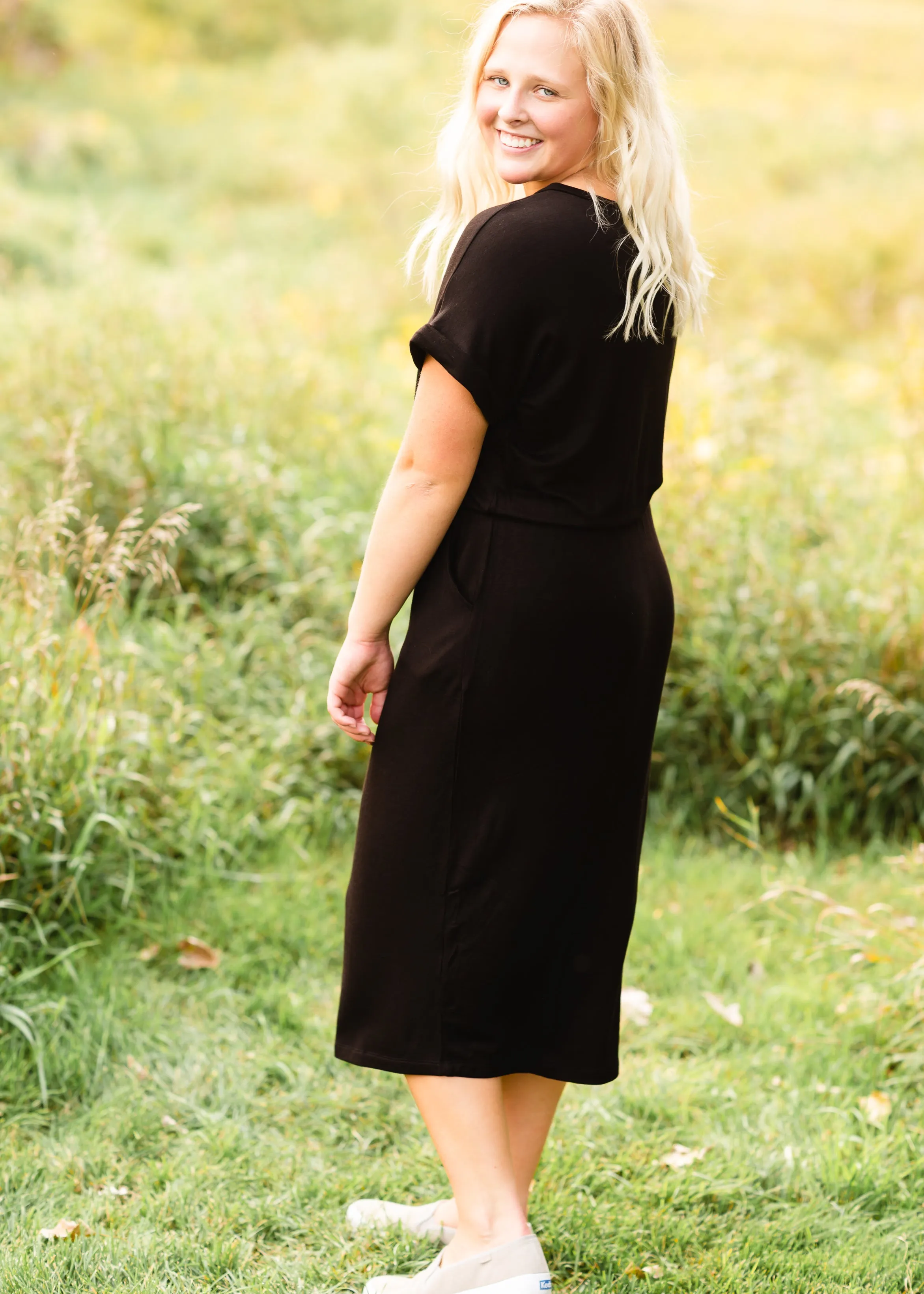 Black Tie Waist Midi Dress