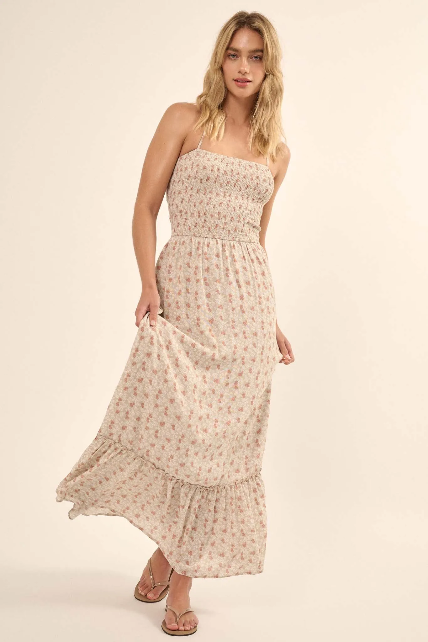 Blooming Fields Floral Open-Back Halter Maxi Dress