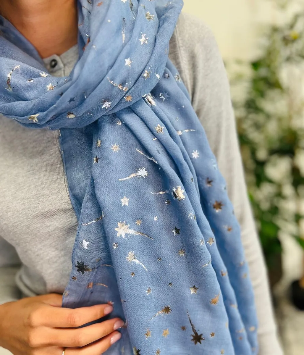 Blue Foil Shooting Stars Print Scarf