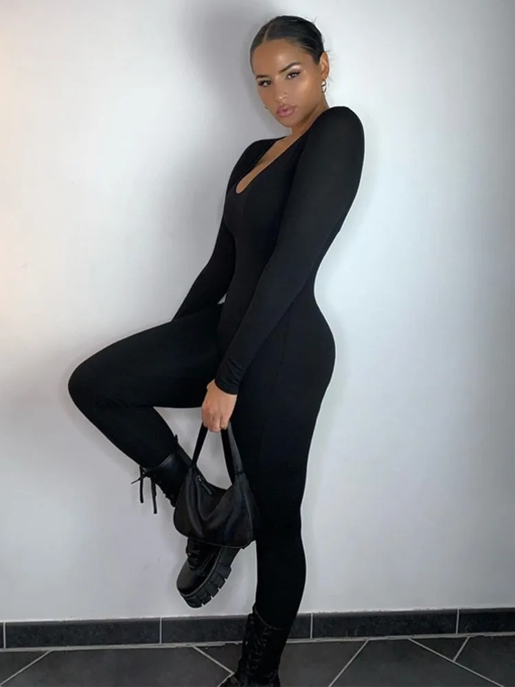 BODY SUIT Long Sleeve Slash Neck Skinny Solid Stretchy Bodycon Jumpsuits Autumn Winter Women Fashion Streetwear Outfits Romp tights