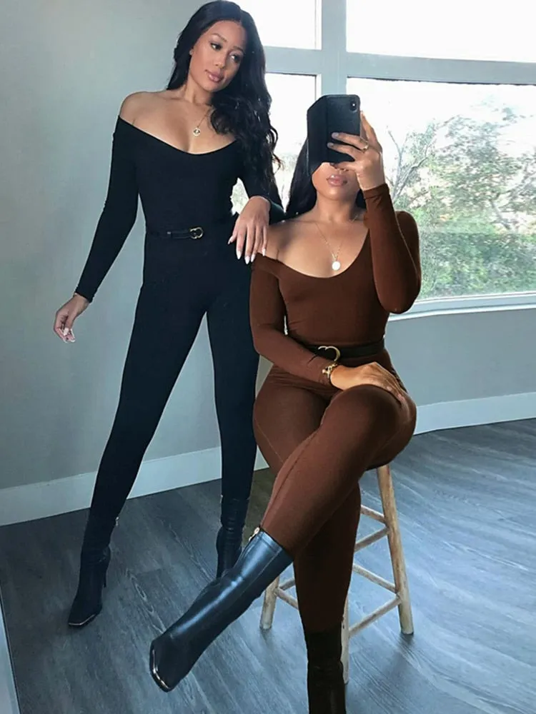 BODY SUIT Long Sleeve Slash Neck Skinny Solid Stretchy Bodycon Jumpsuits Autumn Winter Women Fashion Streetwear Outfits Romp tights