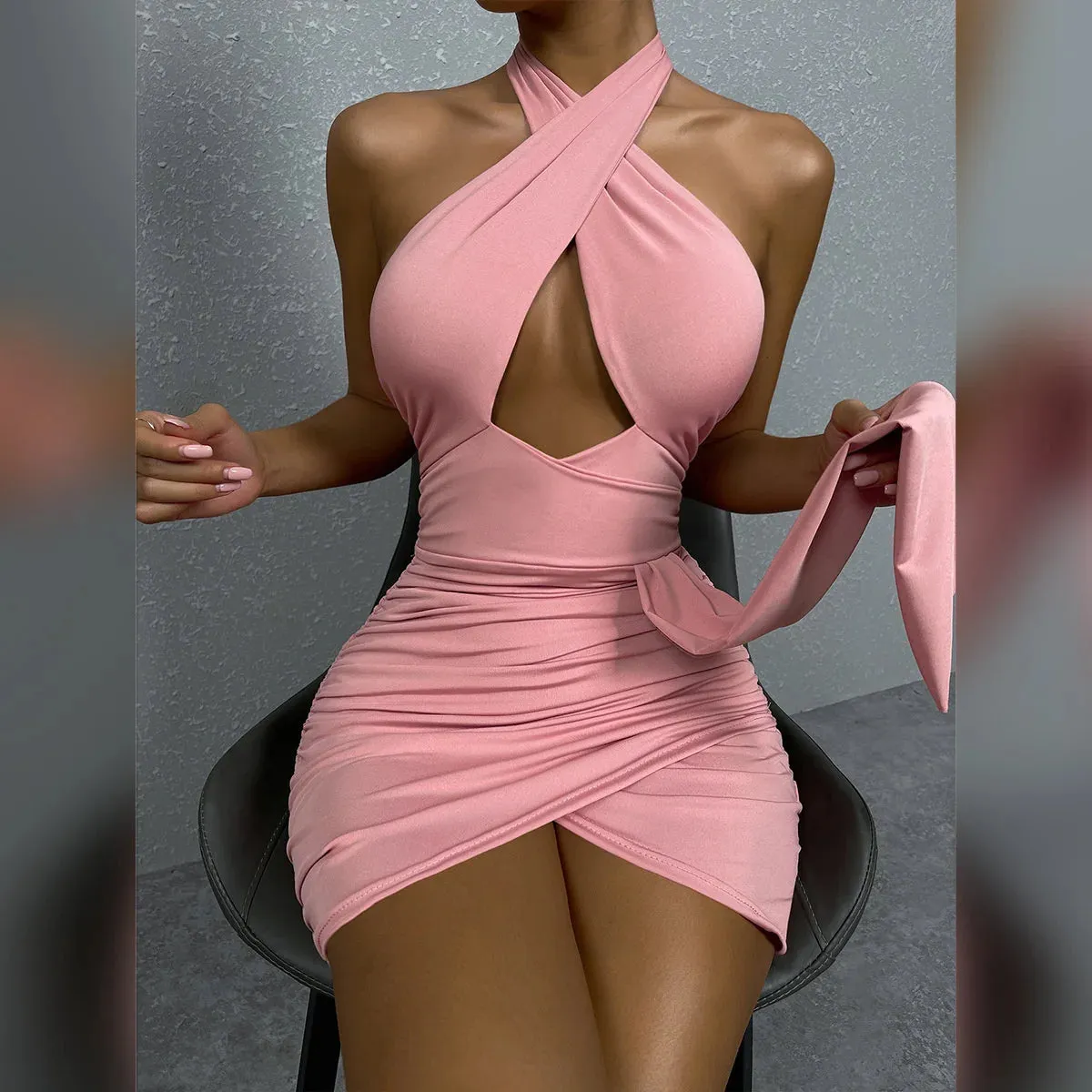 Bodycon Dress Women 2024 Club Party Mini Halter Backless Ruched Hollow Out Draped Sexy Dress