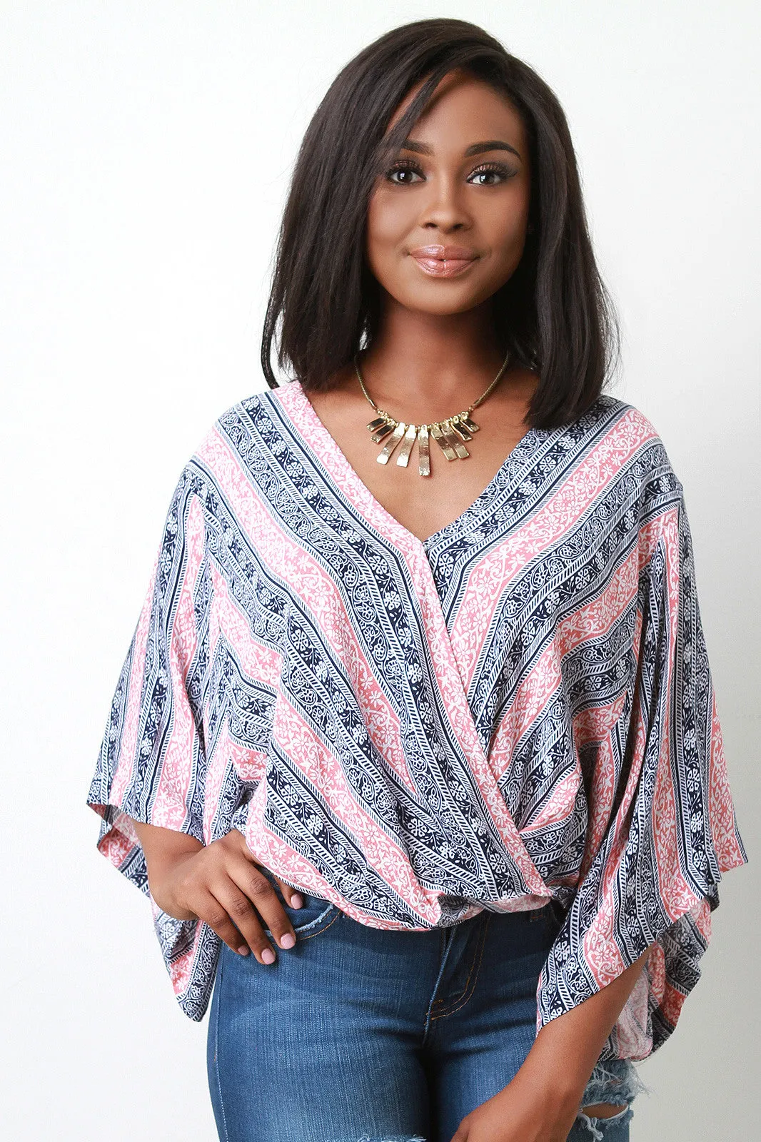 Boxy Surplice Floral Stripe Blouse