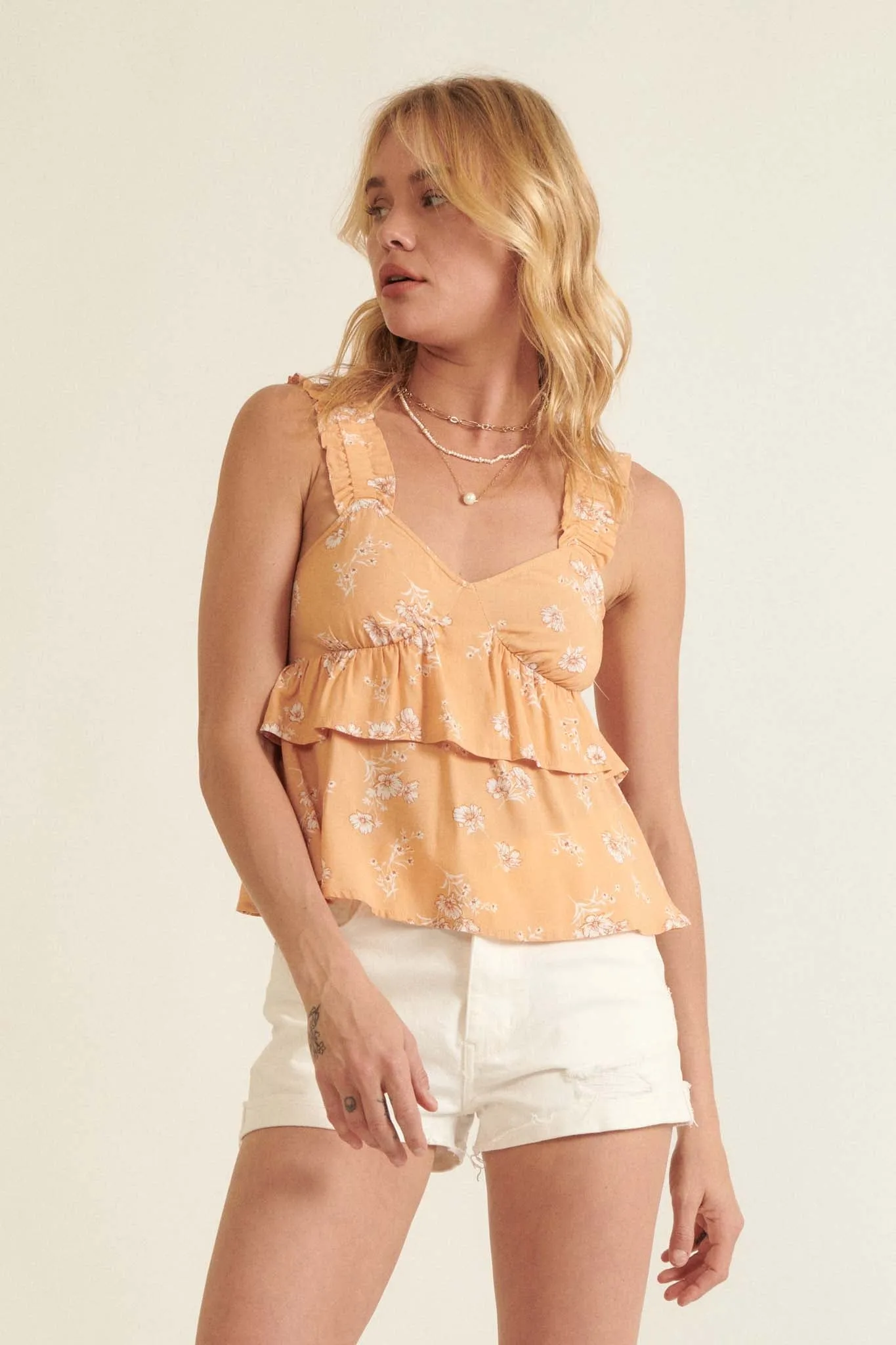 Break of Day Ruffled Floral Babydoll Tank Top