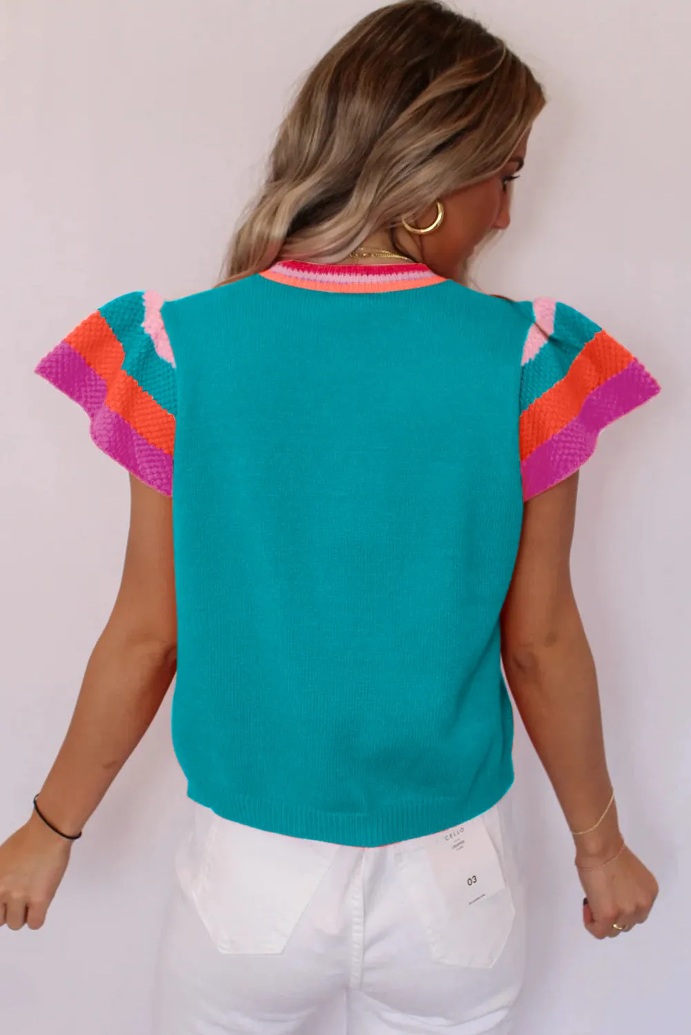 Bright Pink Contrast Flutter Sleeves Knitted Sweater T Shirt