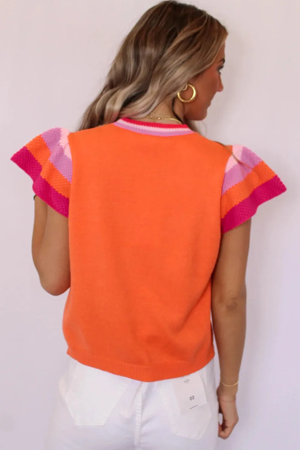 Bright Pink Contrast Flutter Sleeves Knitted Sweater T Shirt