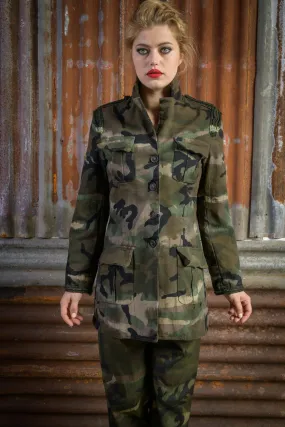 Camouflage Military Jacket with Embroidery on Shoulders and Sleeve Edge