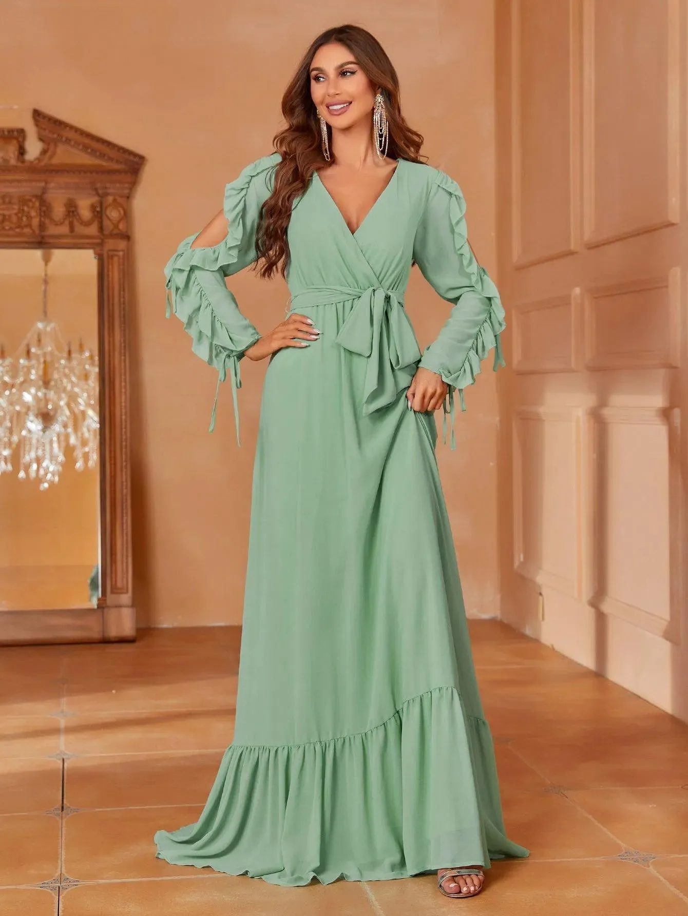 Cascading Ruffle Maxi Chiffon Party Dress