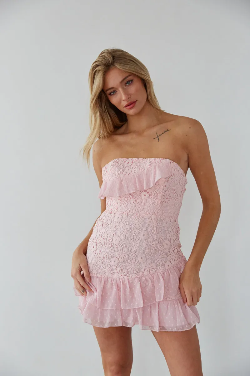 Cece Strapless Lace Ruffle Tie Back Mini Dress