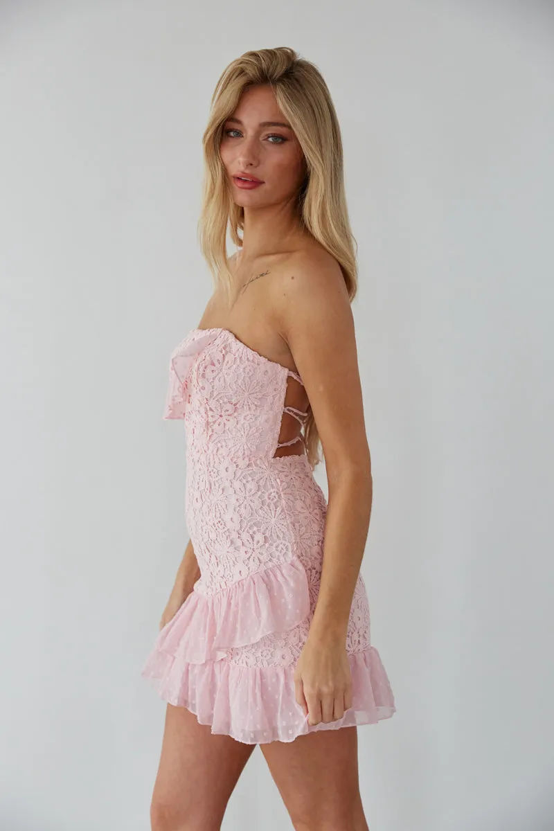 Cece Strapless Lace Ruffle Tie Back Mini Dress