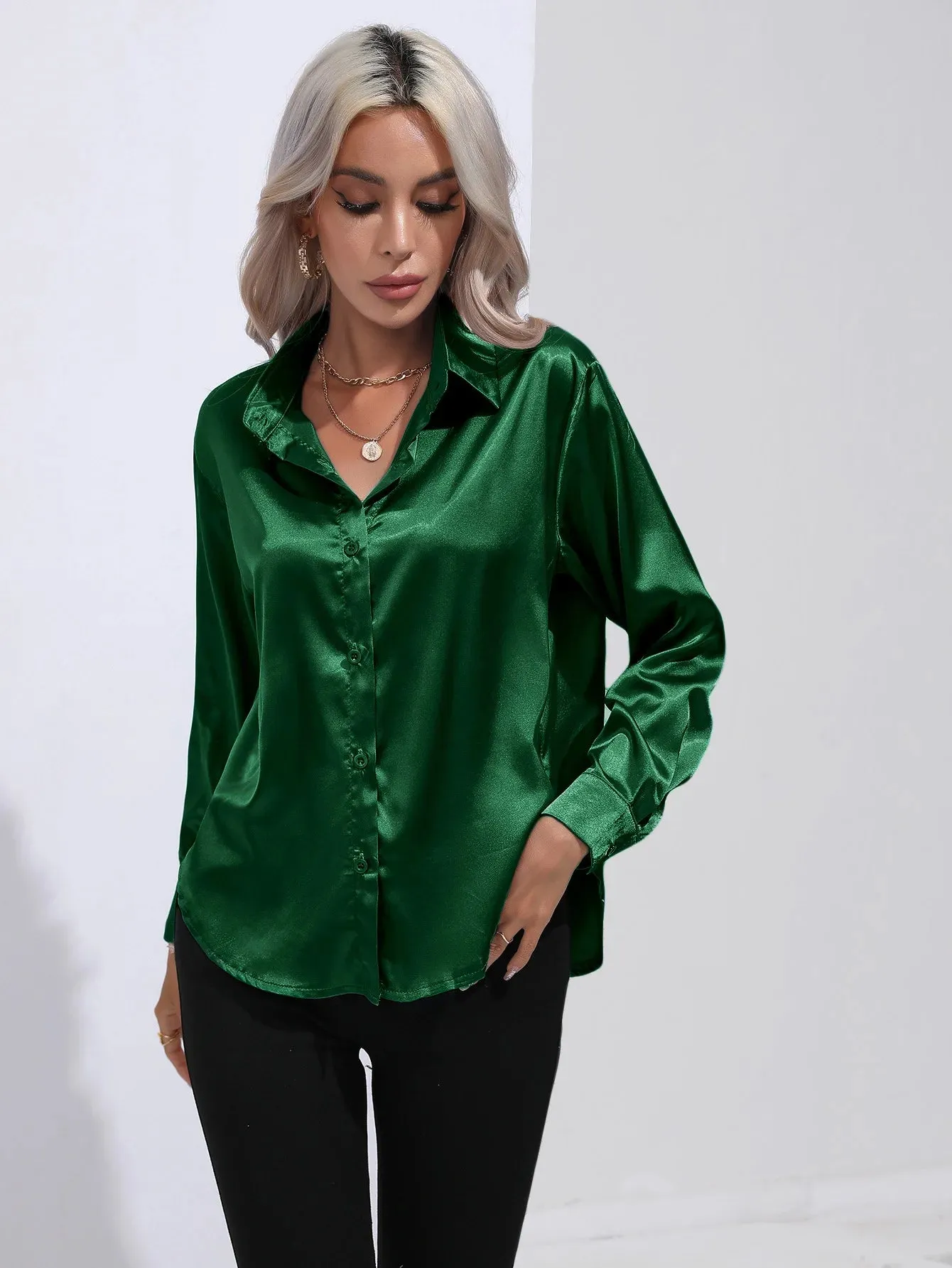 Celmia Office Lady Satin BlouseLong Sleeve