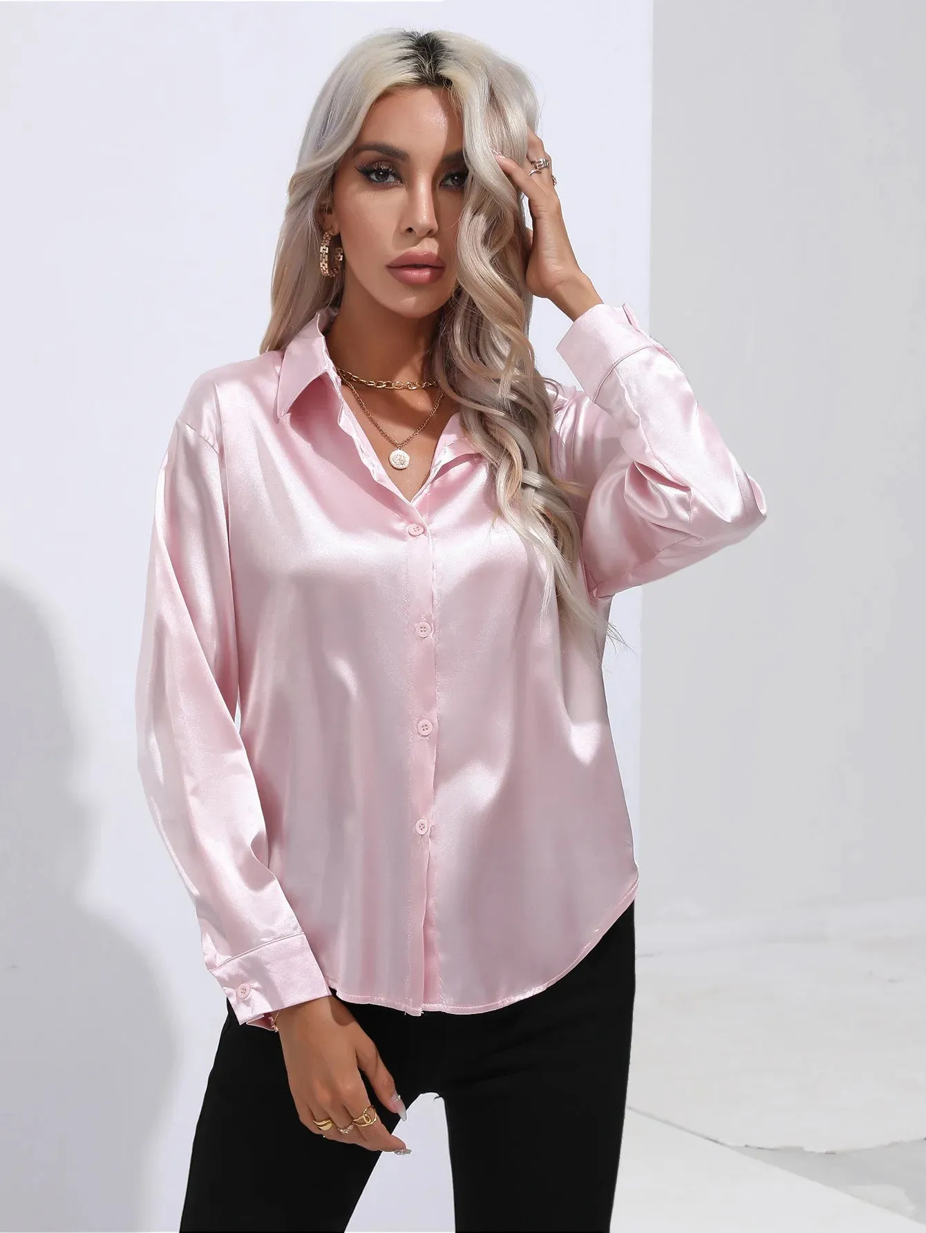 Celmia Office Lady Satin BlouseLong Sleeve