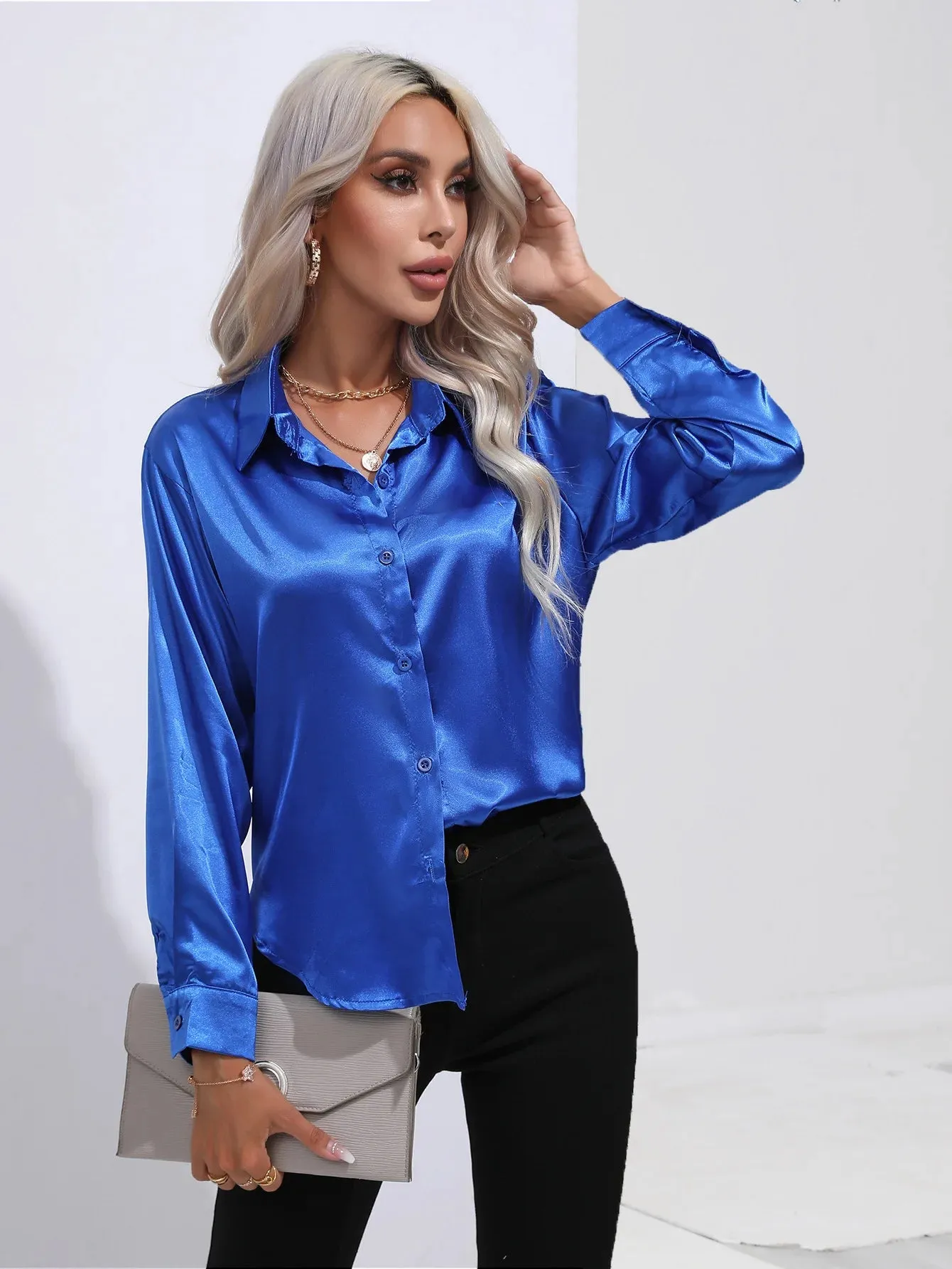 Celmia Office Lady Satin BlouseLong Sleeve