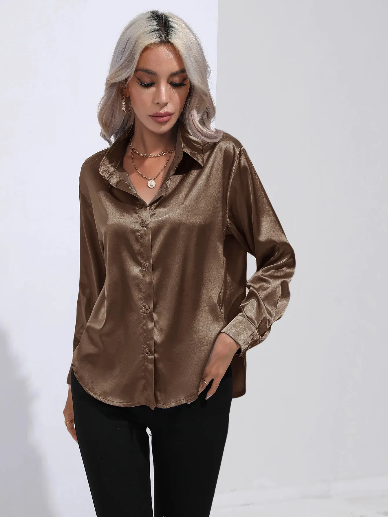 Celmia Office Lady Satin BlouseLong Sleeve